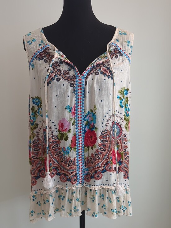 Bila Tops - Bila Bohemian Crinkle Gauze Flowy Tassel Tank Top Floral Paisley Medallion XL